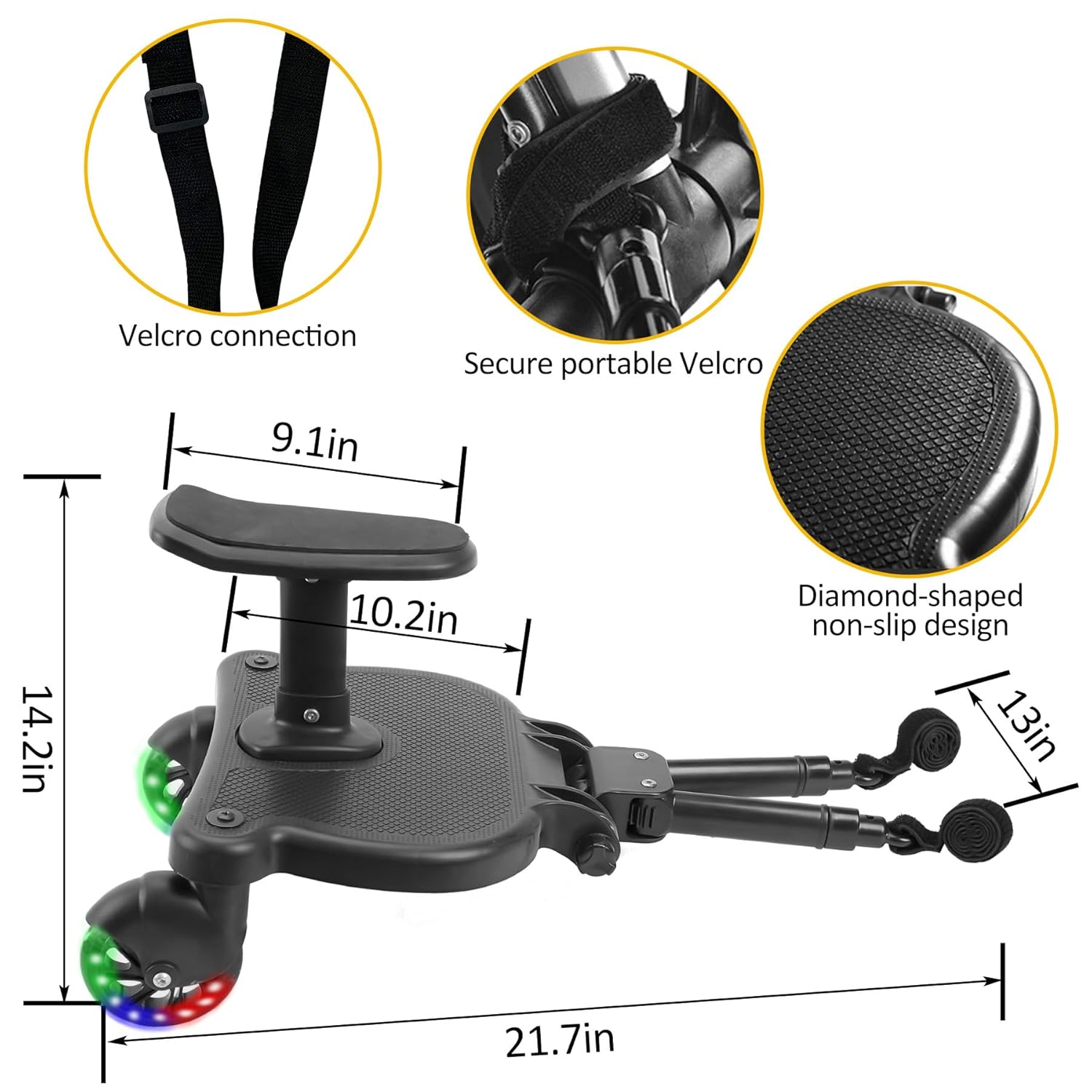 Universal Stroller Board Buggy Board with 2 LED Lighted Wheels and Detachable Seat, 2in1 Sit and Stand Stroller Connectors for Most Strollers, Holds Children Up to 55 LBs Stroller Standing Board